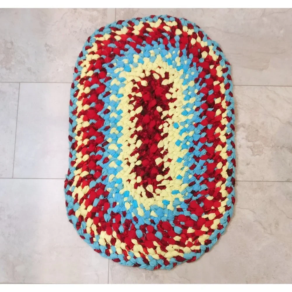 Yellow blue and red woven braided rag rug recycled fabric country farmhouse styl